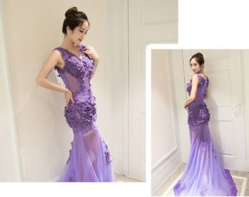 ชุดราตรียาว สีม่วง fishtailเข้ารูป - Image 4