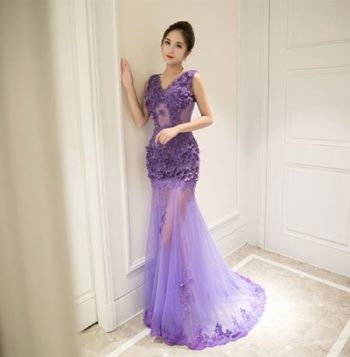 ชุดราตรียาว สีม่วง fishtailเข้ารูป