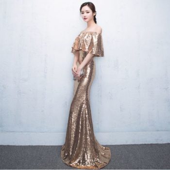 ชุดราตรียาว สีทอง หางปลาเข้ารูป ปาดไหล่ ส่วมใส่เป็นชุดออกงานได้หลายงาน - Image 3