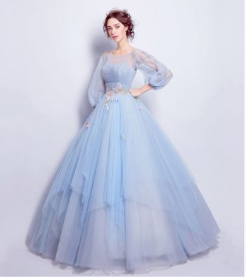 ชุดราตรียาวออกงานกลางคืน แนวสไตล์เจ้าหญิง แขนยาว สีฟ้า