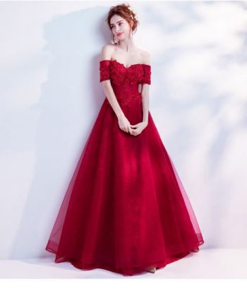 ชุดราตรียาวออกงานกลางคืน สีแดง ปาดไหล่