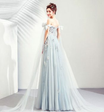 ชุดราตรียาวออกงานกลางคืน สีฟ้าเทา ปาดไหล่
