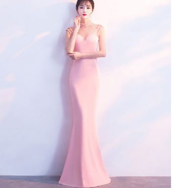ชุดราตรียาวออกงานกลางคืน เข้ารูป สีชมพู