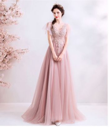 ชุดราตรียาวออกงาน ระบายยาว สีชมพู
