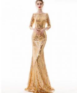 ชุดราตรียาวออกงานกลางคืน ระบายยาว สีทอง