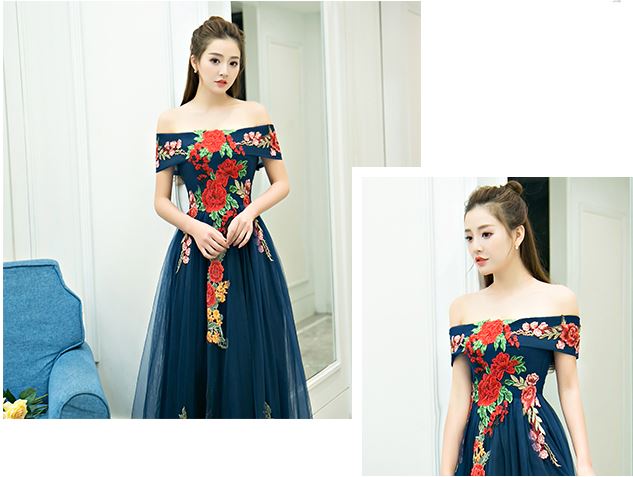 ชุดราตรียาวออกงานกลางคืน ระบายยาว สีกรม ปาดไหล่